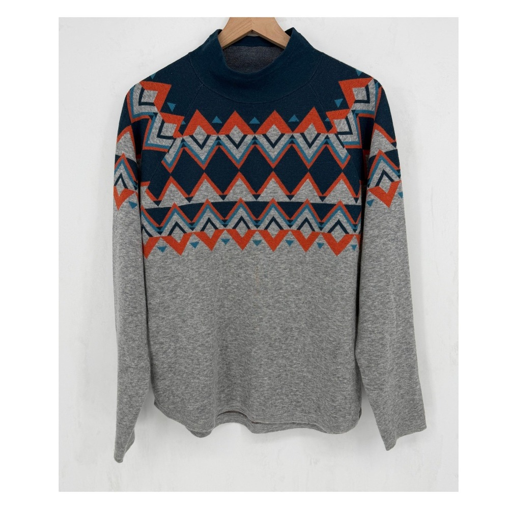 Title Nine Sweater Womens XL Gray Blue Orange Merino Wool Geometric Mock Neck